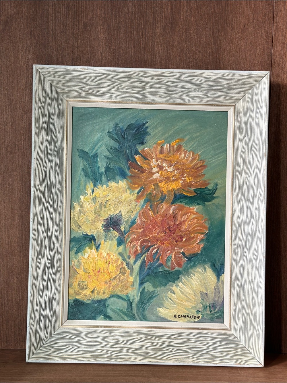 Framed Floral Oil Painting in Teal, Yellow & Orange